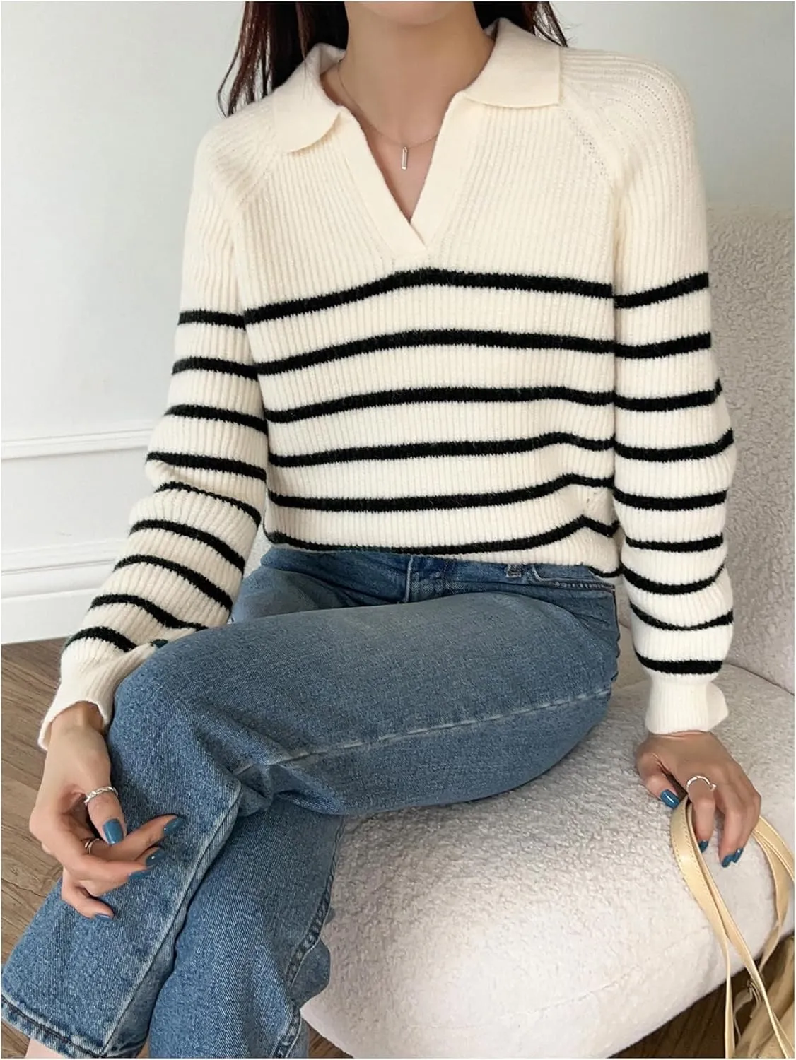Verdusa Women's Striped V Neck Collared Pullover Sweaters Long Sleeve Knit Tops
