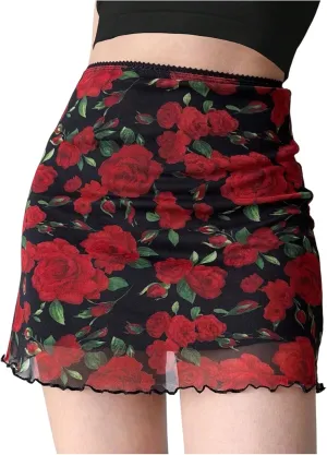 Verdusa Women's Summer Rose Floral Print Bodycon Skirt Boho Layered Mini Skirts