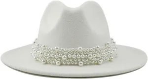VESNIBA Women's British Fashion Elegant Jazz Hat Pearl Ring with Top Hat Big Brim Hat Ladies Woolen Hat Womens