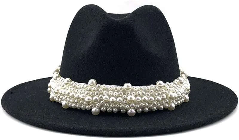 VESNIBA Women's British Fashion Elegant Jazz Hat Pearl Ring with Top Hat Big Brim Hat Ladies Woolen Hat Womens