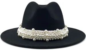 VESNIBA Women's British Fashion Elegant Jazz Hat Pearl Ring with Top Hat Big Brim Hat Ladies Woolen Hat Womens