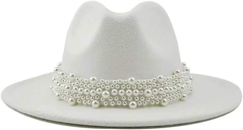 VESNIBA Women's British Fashion Elegant Jazz Hat Pearl Ring with Top Hat Big Brim Hat Ladies Woolen Hat Womens