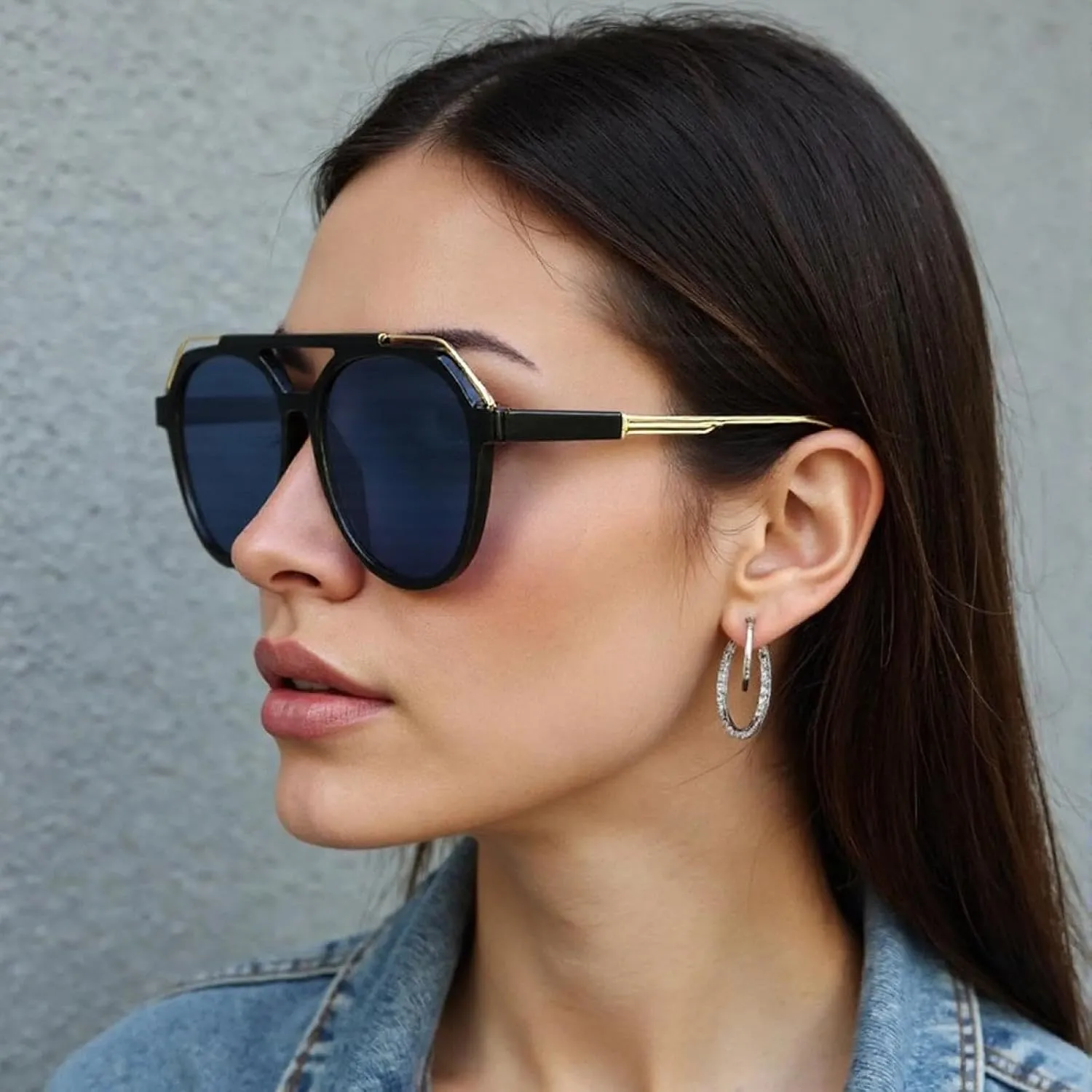Vintage Sunglasses Gradient Lenses, Fashionable Glasses Double Bridge Glasses Metal for Men Women