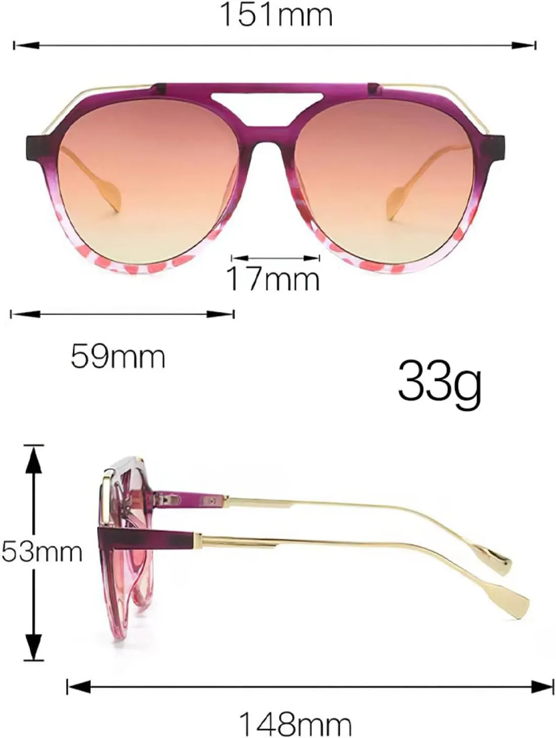 Vintage Sunglasses Gradient Lenses, Fashionable Glasses Double Bridge Glasses Metal for Men Women