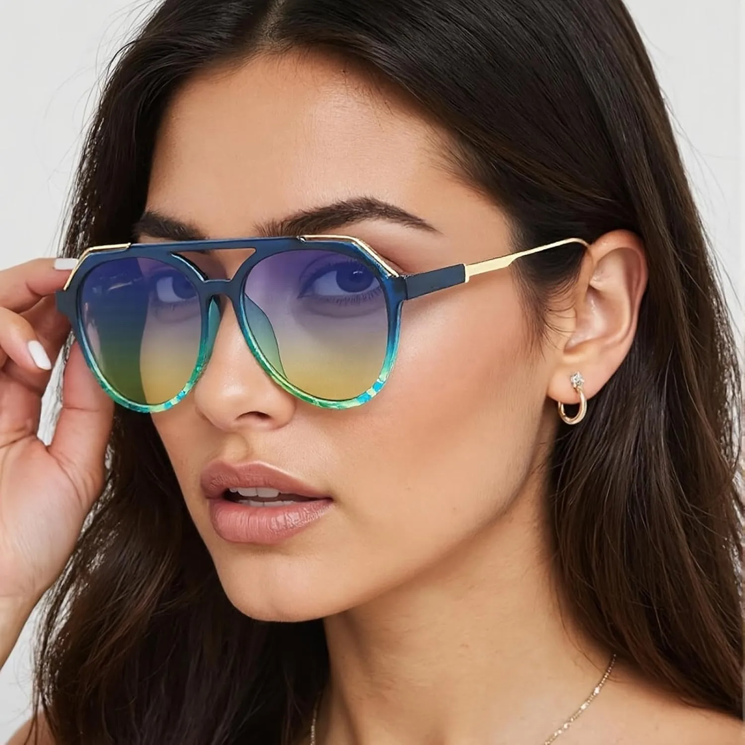 Vintage Sunglasses Gradient Lenses, Fashionable Glasses Double Bridge Glasses Metal for Men Women