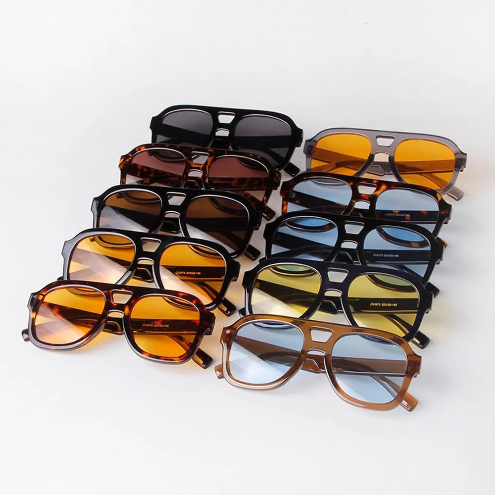 Vintage Tortoiseshell Blue Sunglasses Women Men Fashion Double Bridge Orange Lens Sun Glasses UV