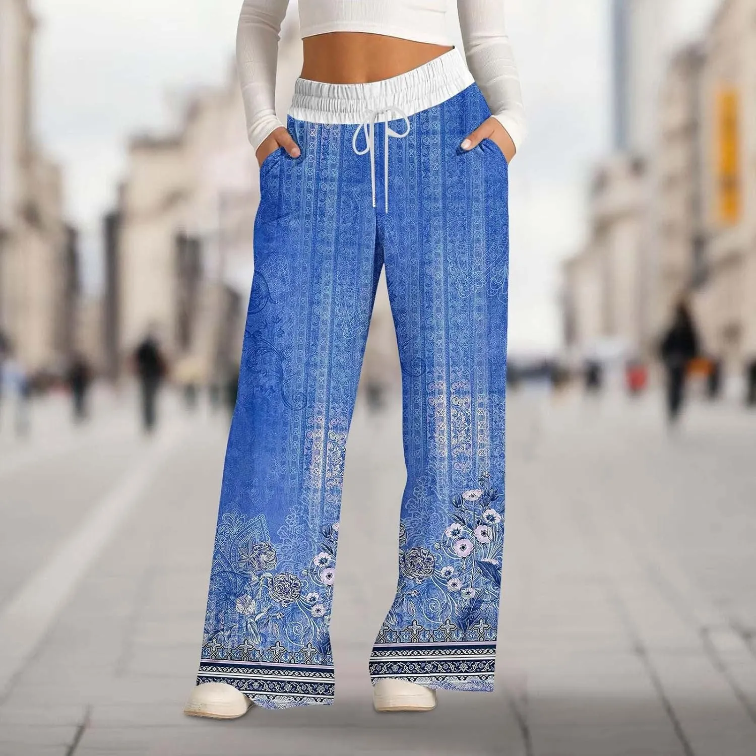 Wide Leg Baggy Pants Fashion Lacing Solid Color Waist Waist Wide Leg Casual Pants Fleece Joggers Womens Wide Leg