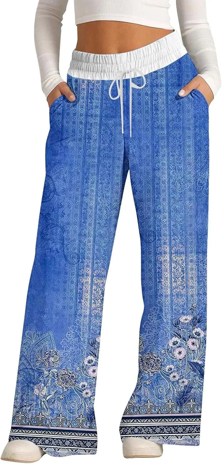 Wide Leg Baggy Pants Fashion Lacing Solid Color Waist Waist Wide Leg Casual Pants Fleece Joggers Womens Wide Leg