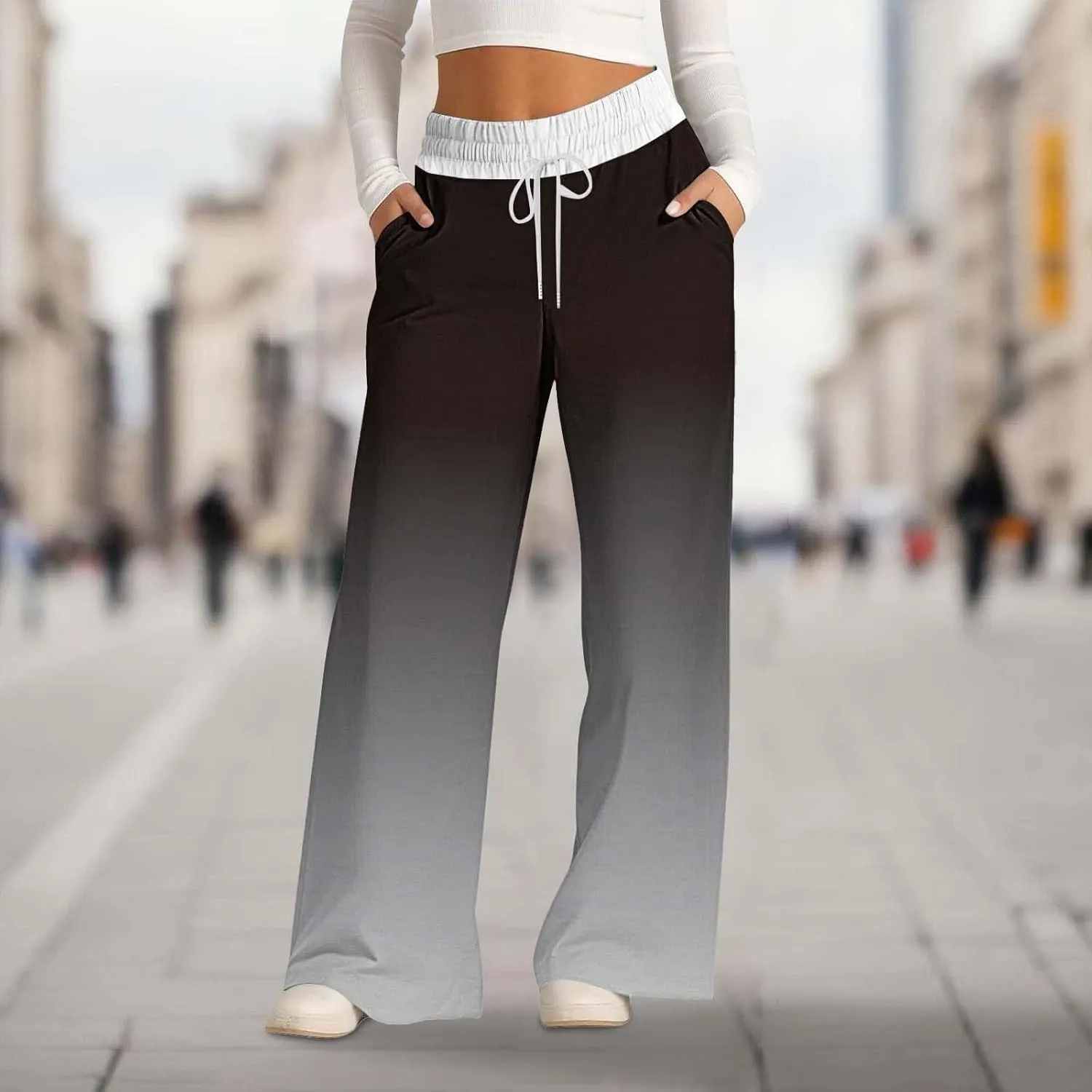 Wide Leg Baggy Pants Fashion Lacing Solid Color Waist Waist Wide Leg Casual Pants Fleece Joggers Womens Wide Leg