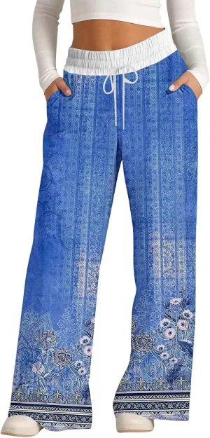 Wide Leg Baggy Pants Fashion Lacing Solid Color Waist Waist Wide Leg Casual Pants Fleece Joggers Womens Wide Leg
