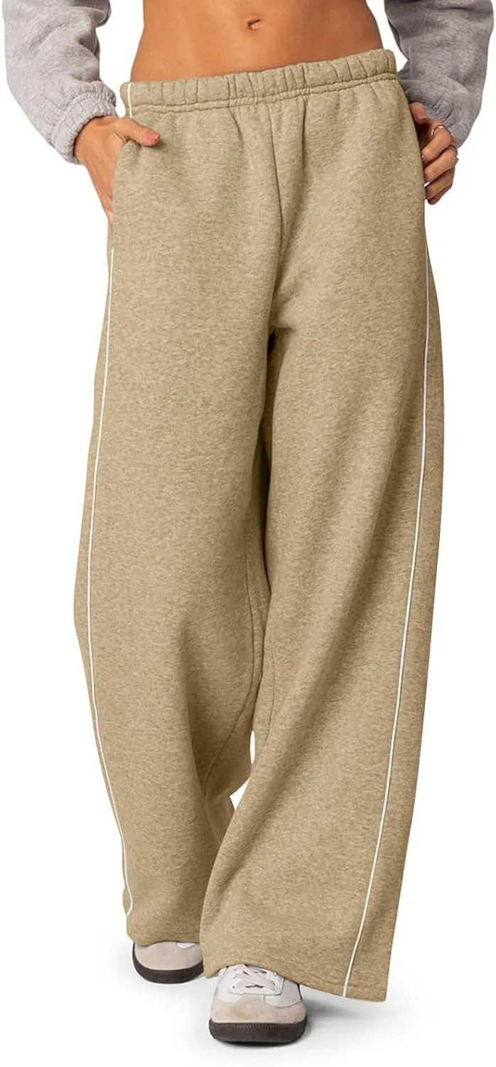 Wide Leg Sweatpants Women Casual Comfy Elastic Low Rise Lounge Pants with Pockets Baggy Fleece Cotton Joggers