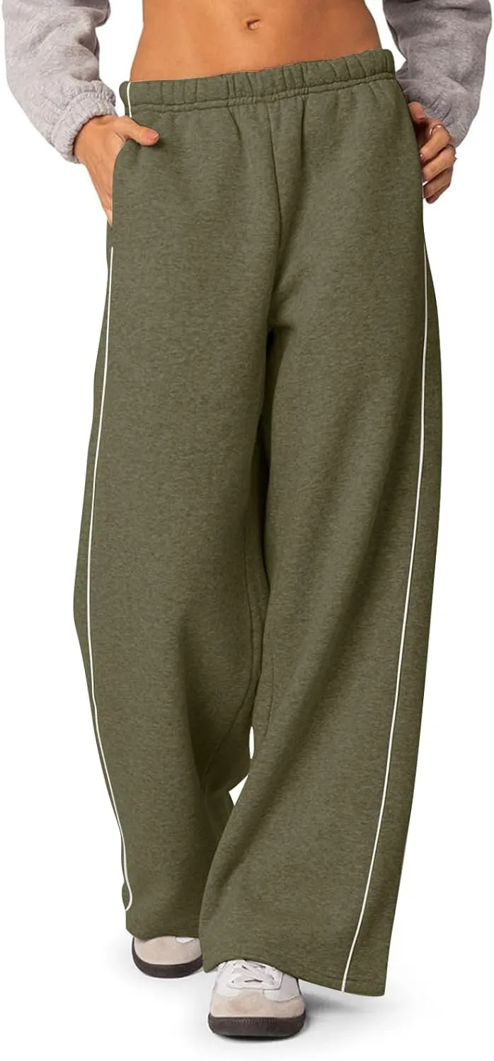 Wide Leg Sweatpants Women Casual Comfy Elastic Low Rise Lounge Pants with Pockets Baggy Fleece Cotton Joggers