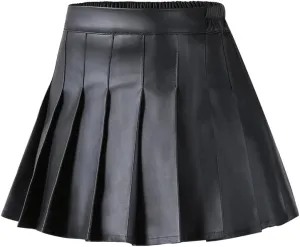 WISREMT Girls Pleated Skirt Faux Leather Short Skirts School Uniform Mini Skirts Flare Skort with Shorts Lined for 2-14 Years