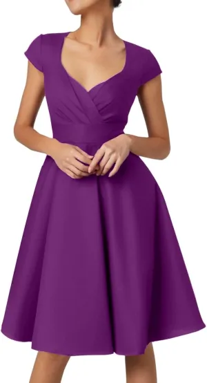 Women 1950's Vintage Cocktail Dresses Party Swing Dress V Neck Cap Sleeve A-Line Flared Midi Dress Wedding Guest Dresses