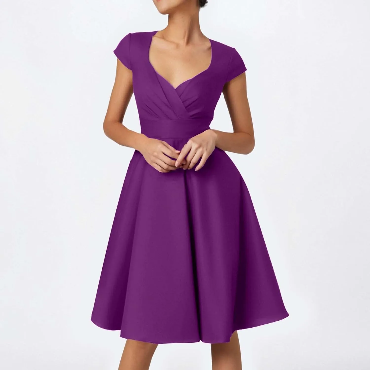 Women 1950's Vintage Cocktail Dresses Party Swing Dress V Neck Cap Sleeve A-Line Flared Midi Dress Wedding Guest Dresses