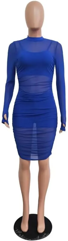 Women 3 Piece Outfits Sexy Crop Top Short Set Mesh See-Through Ruched Bodycon Midi Dress Clubwear