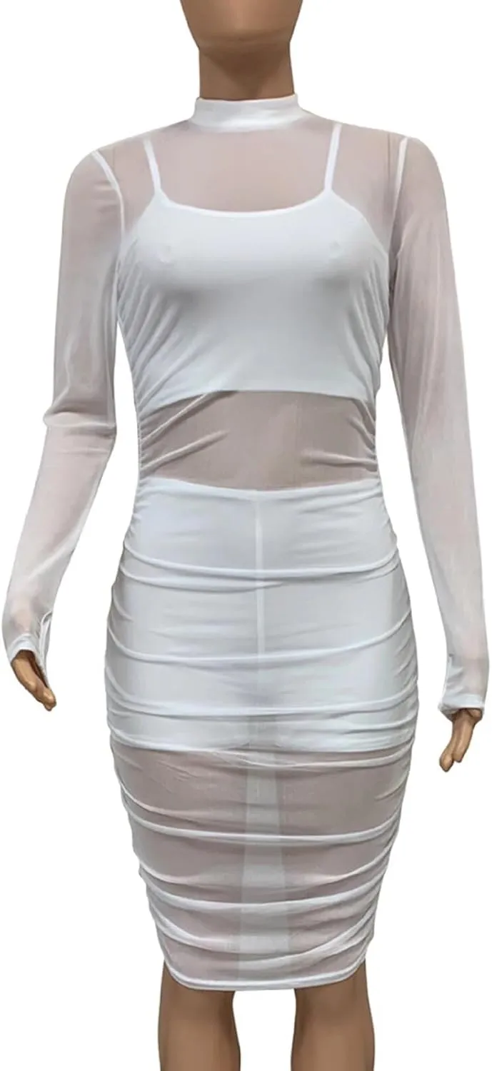 Women 3 Piece Outfits Sexy Crop Top Short Set Mesh See-Through Ruched Bodycon Midi Dress Clubwear