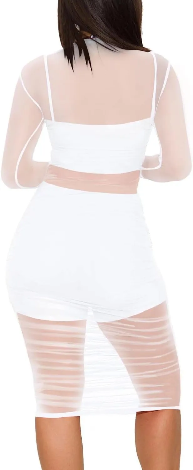 Women 3 Piece Outfits Sexy Crop Top Short Set Mesh See-Through Ruched Bodycon Midi Dress Clubwear