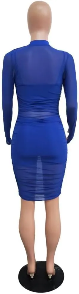 Women 3 Piece Outfits Sexy Crop Top Short Set Mesh See-Through Ruched Bodycon Midi Dress Clubwear