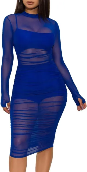 Women 3 Piece Outfits Sexy Crop Top Short Set Mesh See-Through Ruched Bodycon Midi Dress Clubwear