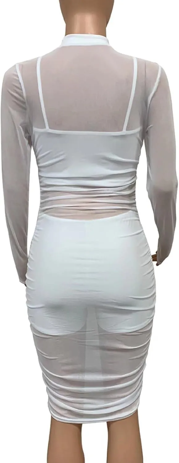Women 3 Piece Outfits Sexy Crop Top Short Set Mesh See-Through Ruched Bodycon Midi Dress Clubwear