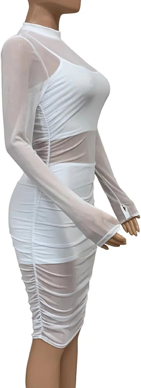 Women 3 Piece Outfits Sexy Crop Top Short Set Mesh See-Through Ruched Bodycon Midi Dress Clubwear