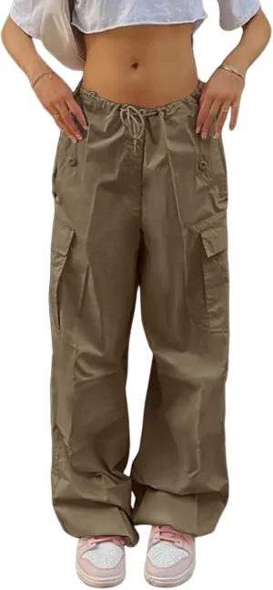 Women Baggy Cargo Pants Y2K Parachute Pant Drawstring Sweatpants Jogger Streetwear with Pocket