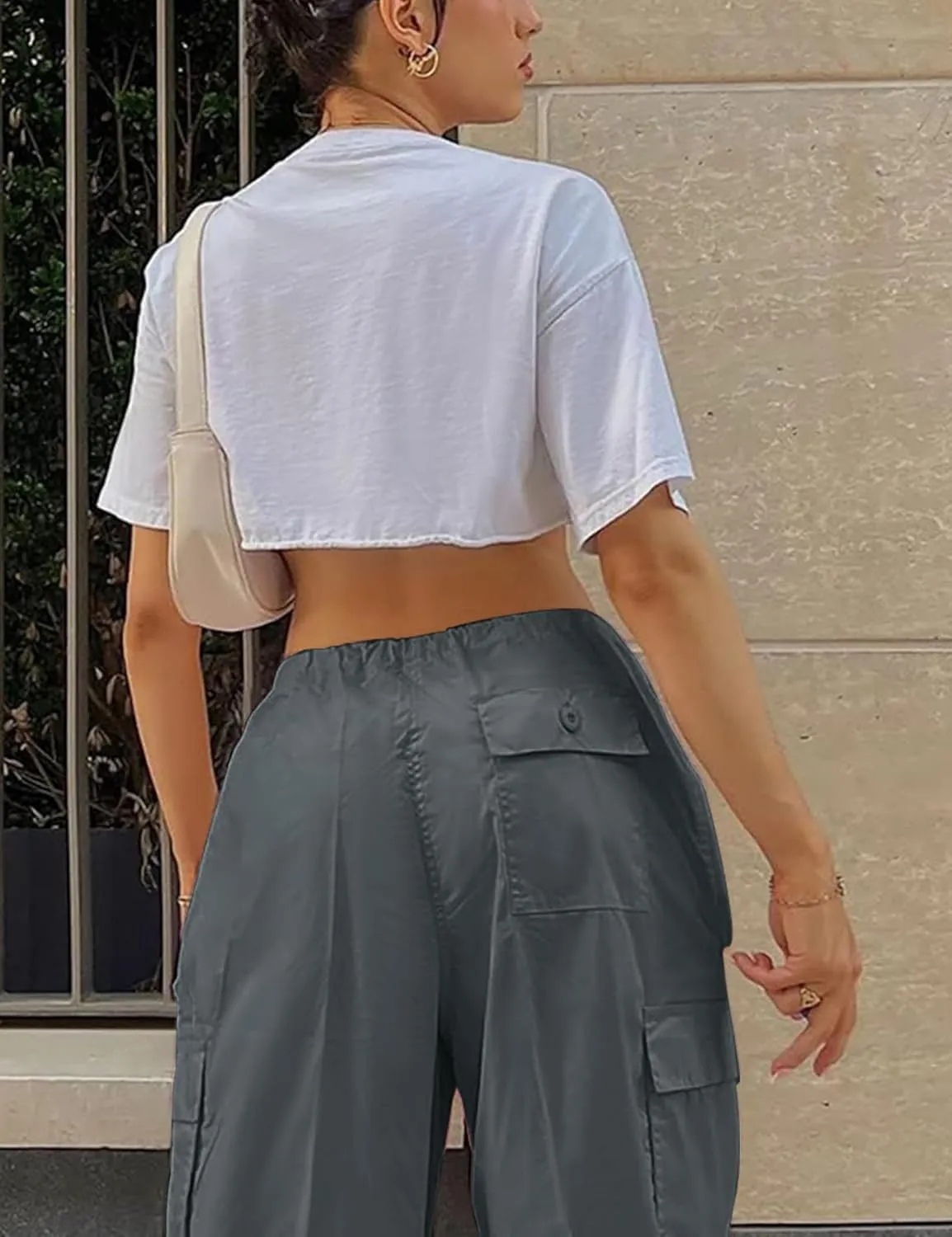 Women Baggy Cargo Pants Y2K Parachute Pant Drawstring Sweatpants Jogger Streetwear with Pocket