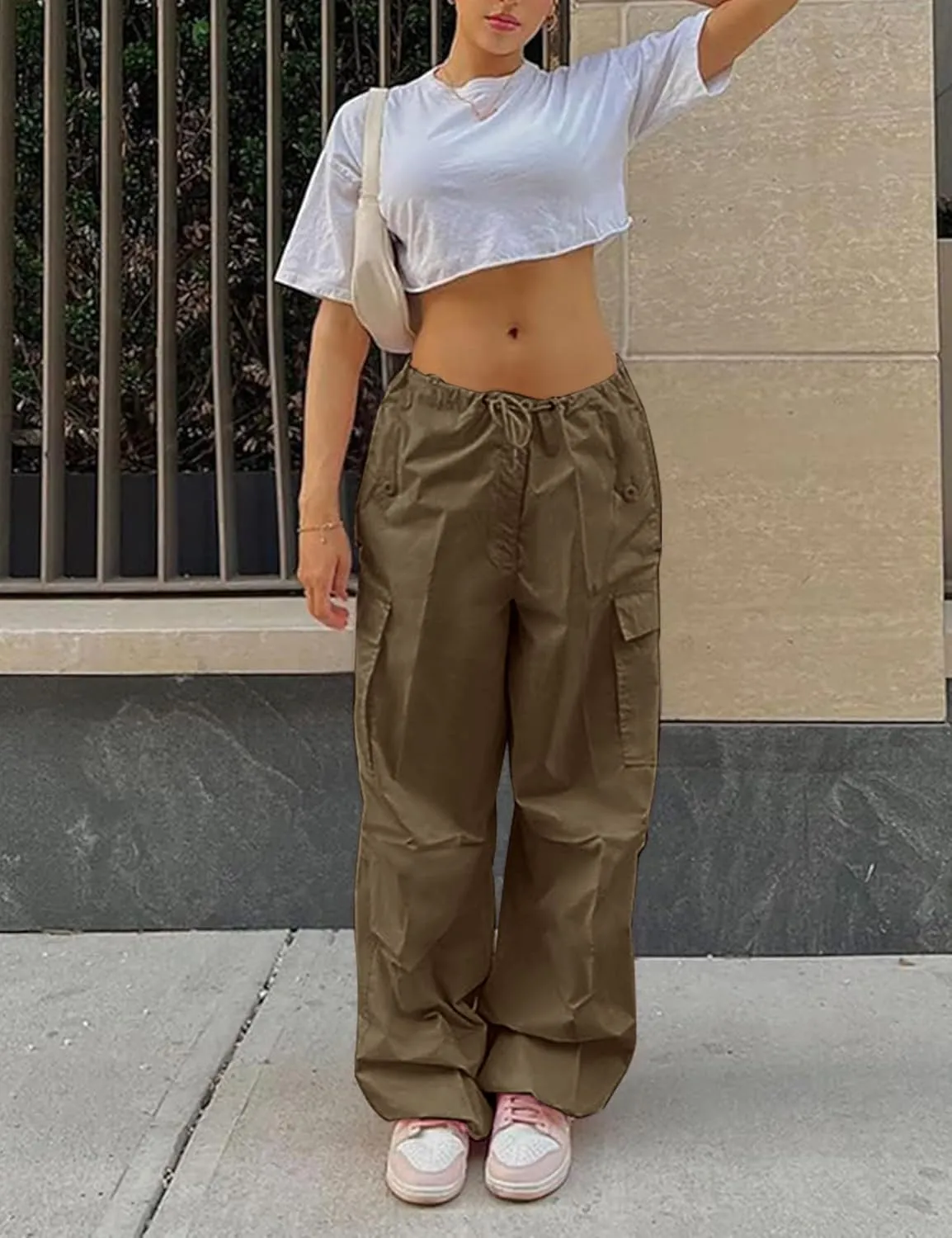 Women Baggy Cargo Pants Y2K Parachute Pant Drawstring Sweatpants Jogger Streetwear with Pocket