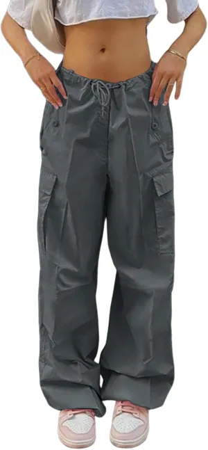 Women Baggy Cargo Pants Y2K Parachute Pant Drawstring Sweatpants Jogger Streetwear with Pocket
