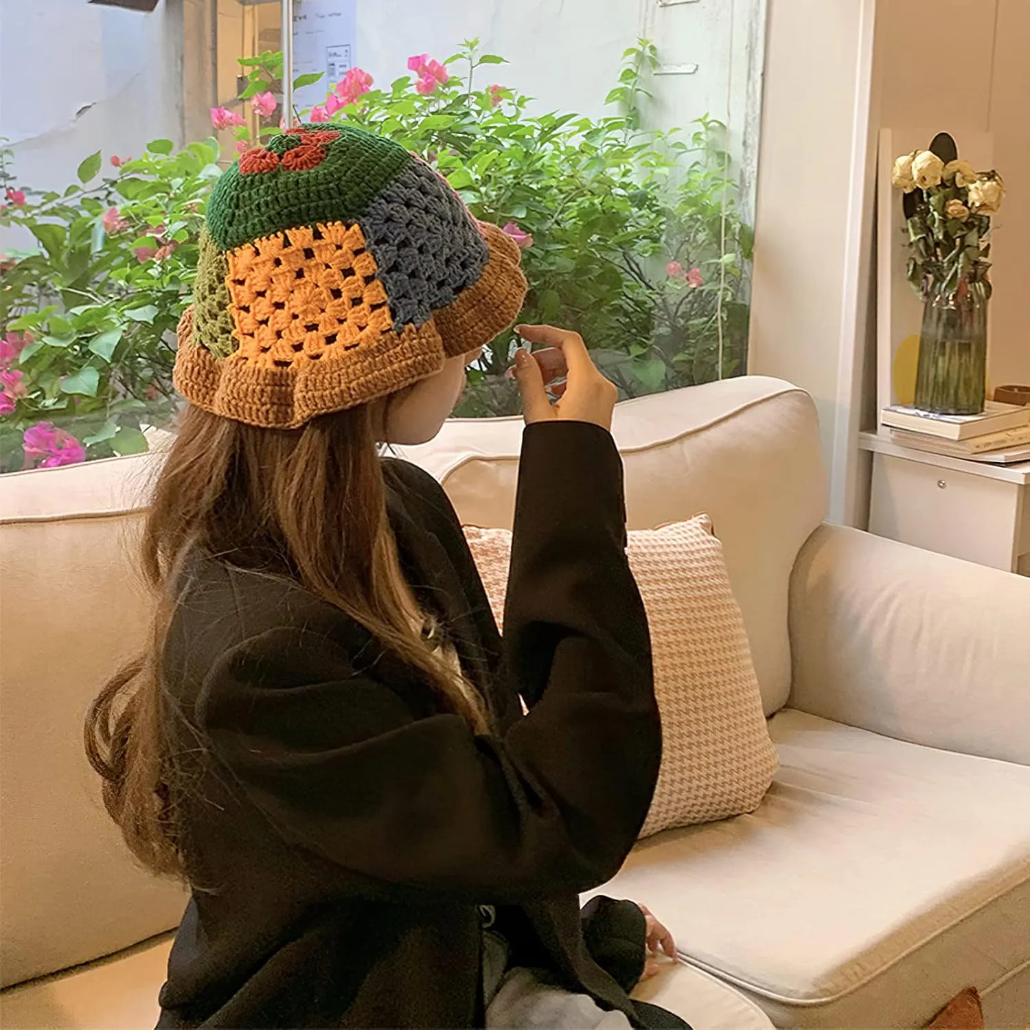 Women Knitted Bucket Hats Handmade Cloche Crochet Milk Cotton Fisherman Hat Travel Beach Floral Hobo Cap Falbala Brim