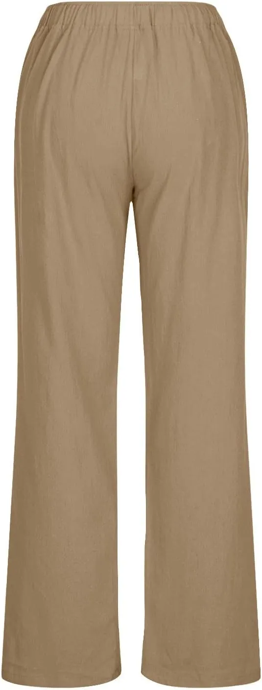 Women Linen Pants Wide Leg High Wasited Drawstring Beach Pants with Pockets Casual Loose Summer Lounge Pant