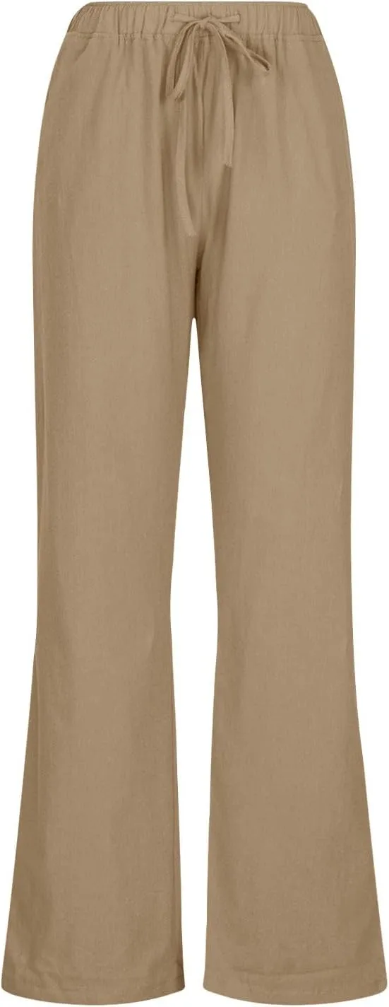 Women Linen Pants Wide Leg High Wasited Drawstring Beach Pants with Pockets Casual Loose Summer Lounge Pant
