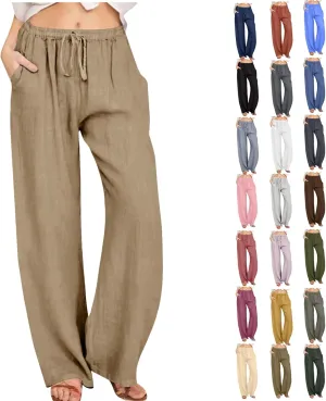 Women Linen Pants Wide Leg High Wasited Drawstring Beach Pants with Pockets Casual Loose Summer Lounge Pant
