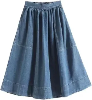 Women Loose Casual Pleated Denim Skirt Retro High Stretch Waist with Pockets Midi Skirts