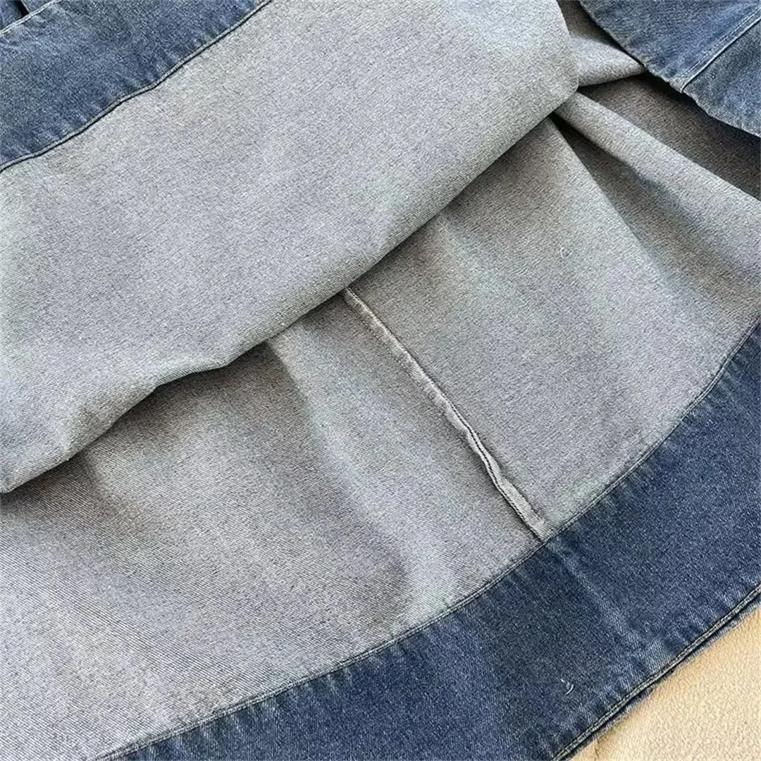 Women Loose Casual Pleated Denim Skirt Retro High Stretch Waist with Pockets Midi Skirts