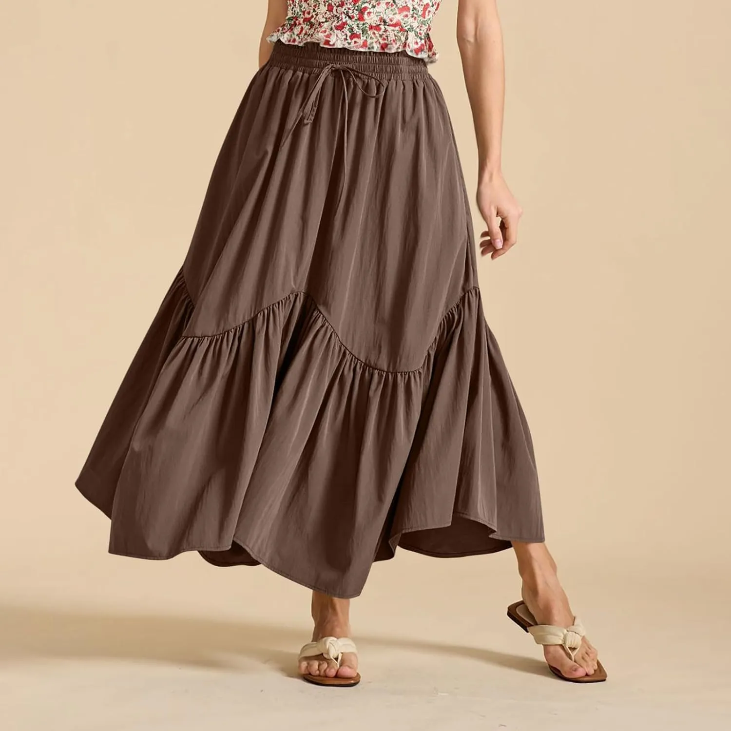 Women Ruched Ruffle Hem Long Skirt, Solid Color Comfy Drawstring Casual Skirts Loose Flowy Summer Clothes with Pockets