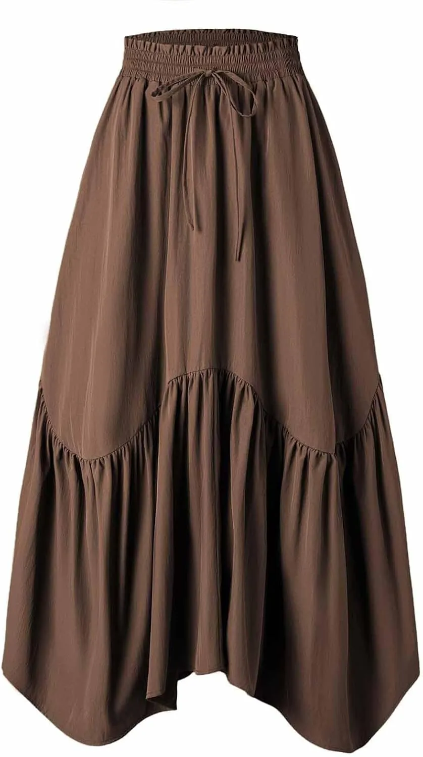 Women Ruched Ruffle Hem Long Skirt, Solid Color Comfy Drawstring Casual Skirts Loose Flowy Summer Clothes with Pockets