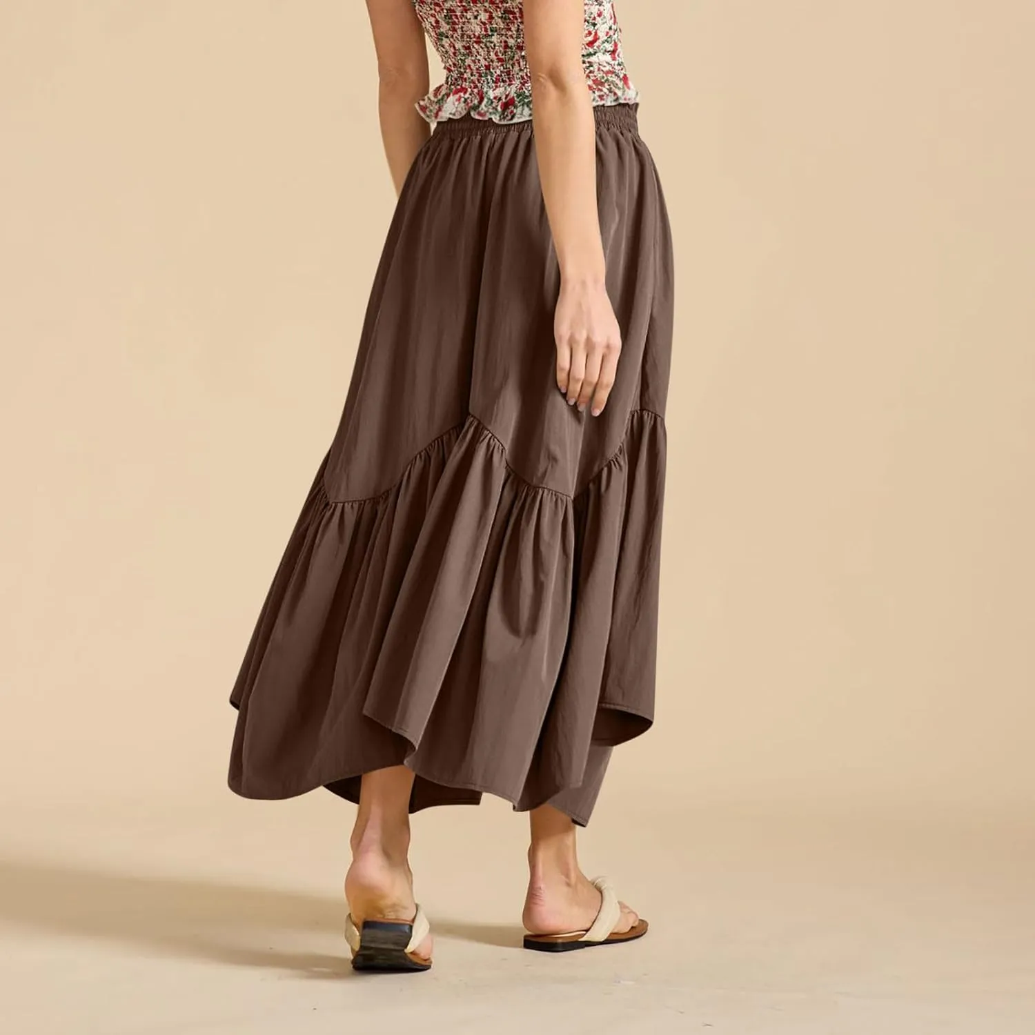 Women Ruched Ruffle Hem Long Skirt, Solid Color Comfy Drawstring Casual Skirts Loose Flowy Summer Clothes with Pockets