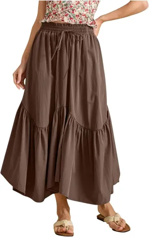 Women Ruched Ruffle Hem Long Skirt, Solid Color Comfy Drawstring Casual Skirts Loose Flowy Summer Clothes with Pockets