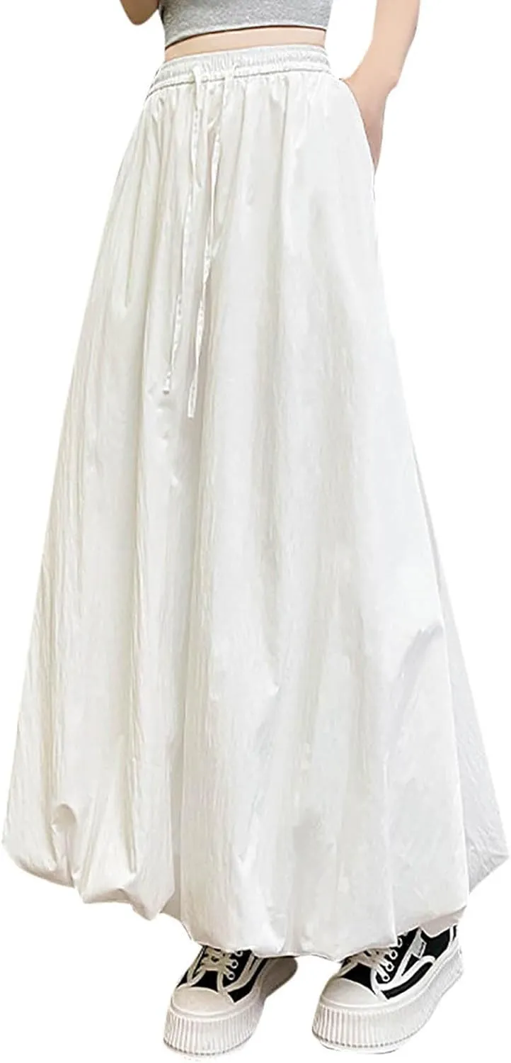 Women Solid Color Basic Bloomer Skirt, Summer Lightweight Comfy A-line Long Skirts Fashion Tie Drawstring Casual Clothes