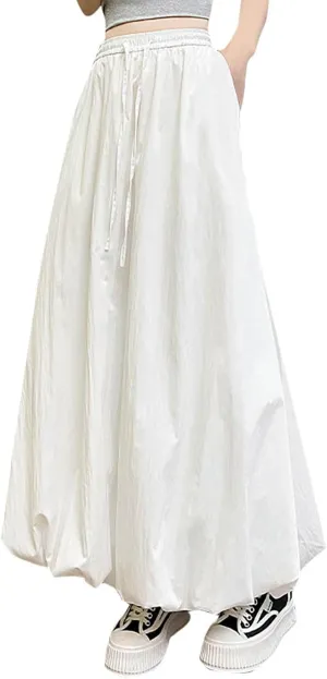 Women Solid Color Basic Bloomer Skirt, Summer Lightweight Comfy A-line Long Skirts Fashion Tie Drawstring Casual Clothes