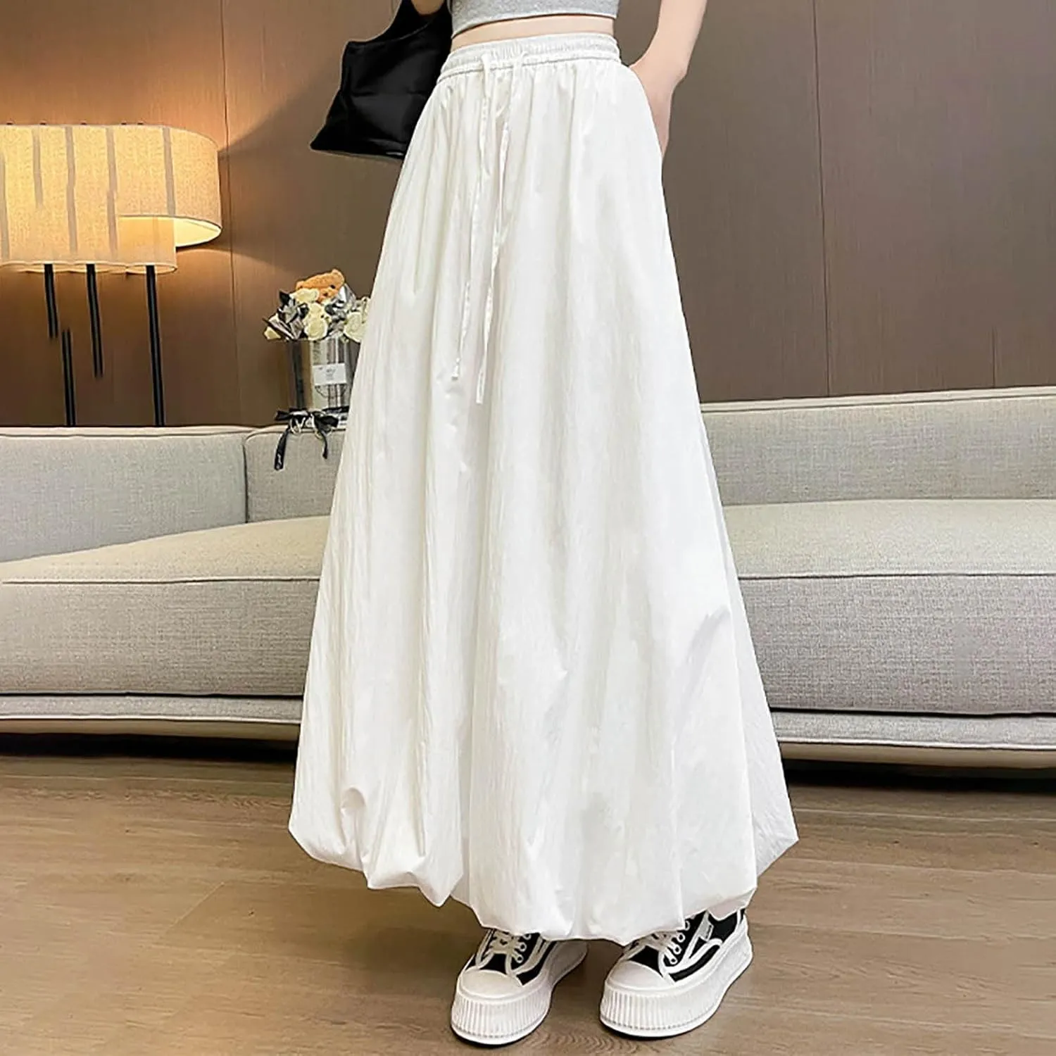 Women Solid Color Basic Bloomer Skirt, Summer Lightweight Comfy A-line Long Skirts Fashion Tie Drawstring Casual Clothes