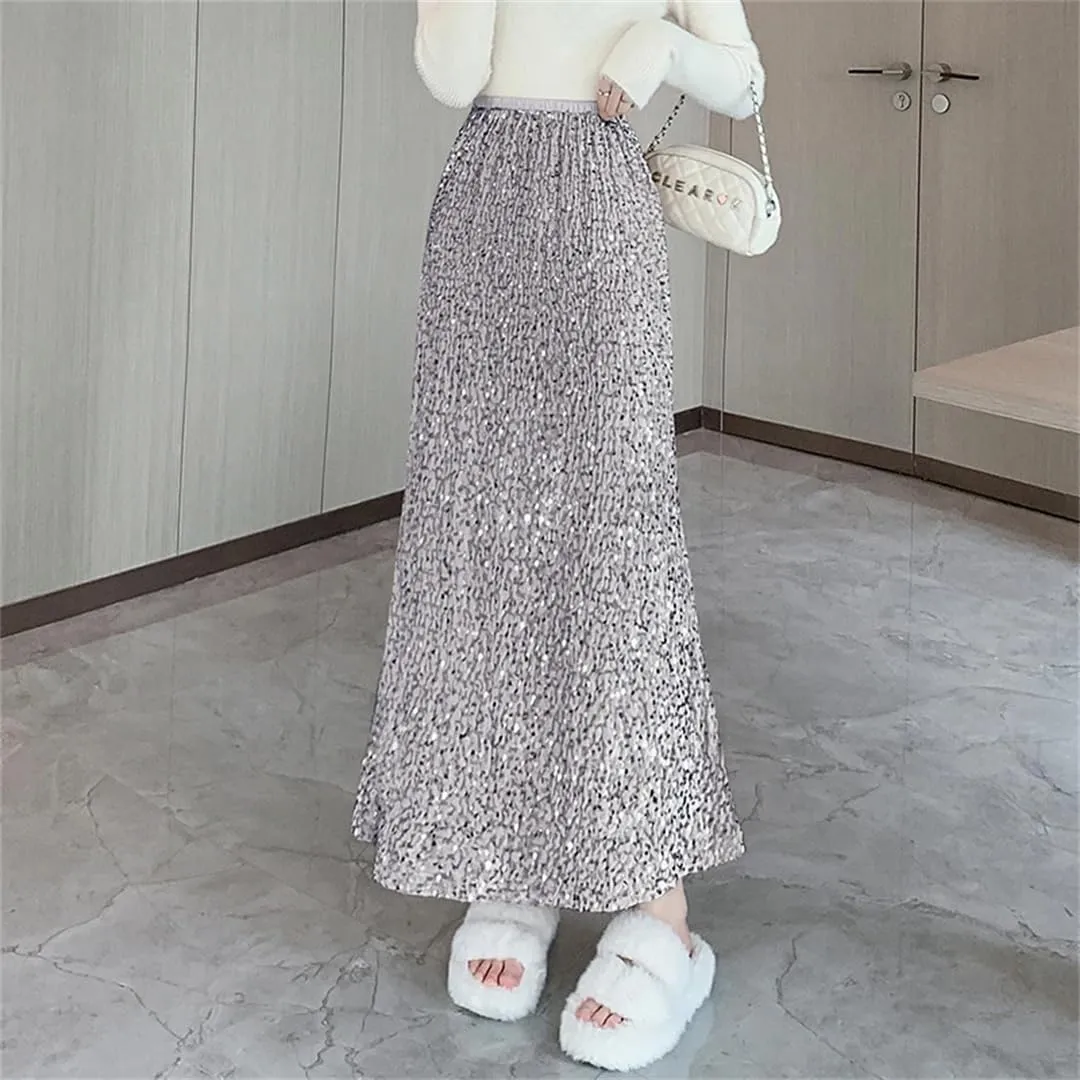 Women Streetwear Maxi Fishtail Skirt Loose Elastic Stretch Waist Faldas Largas Sequins Long Skirts