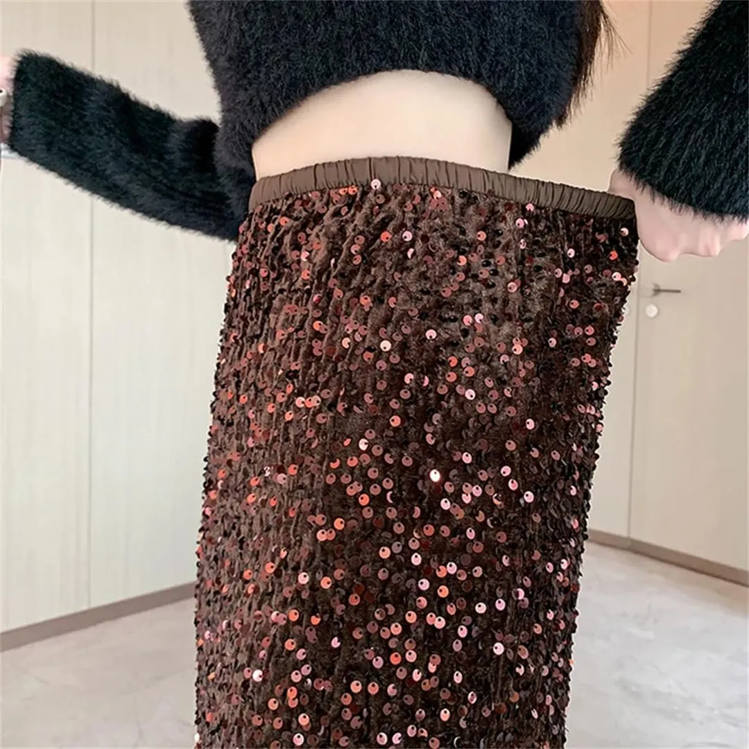Women Streetwear Maxi Fishtail Skirt Loose Elastic Stretch Waist Faldas Largas Sequins Long Skirts