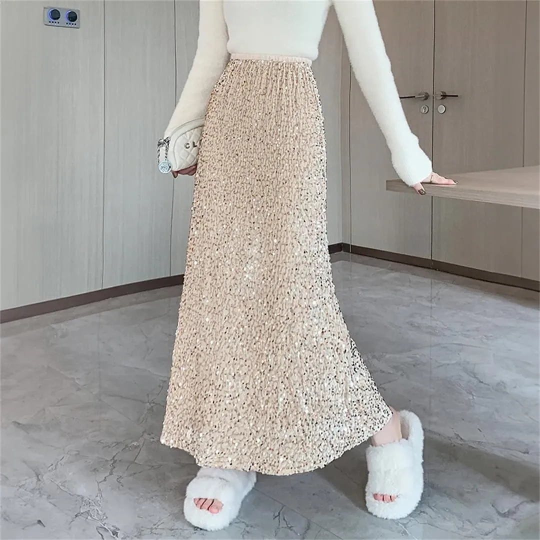 Women Streetwear Maxi Fishtail Skirt Loose Elastic Stretch Waist Faldas Largas Sequins Long Skirts