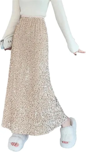 Women Streetwear Maxi Fishtail Skirt Loose Elastic Stretch Waist Faldas Largas Sequins Long Skirts