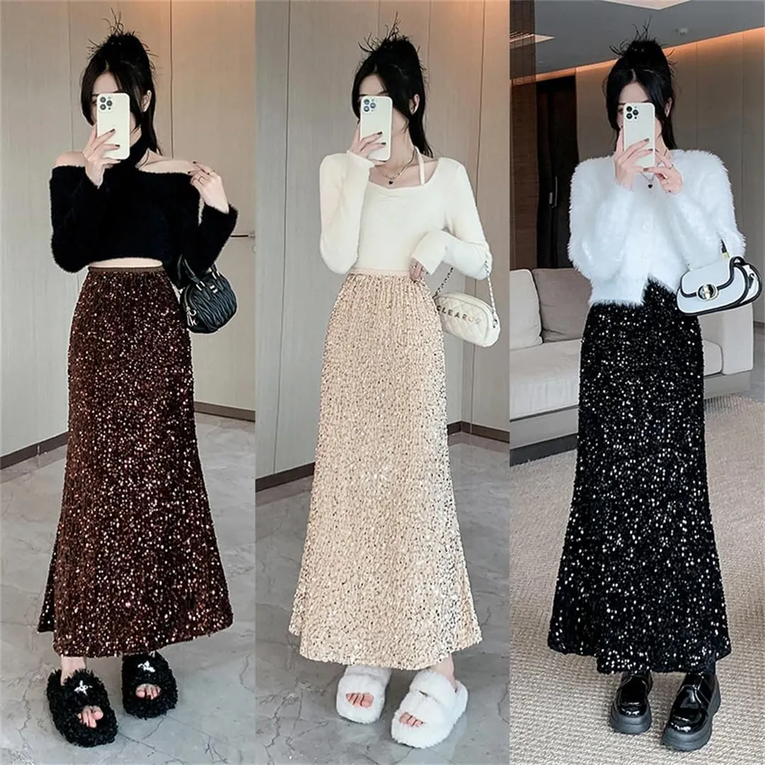 Women Streetwear Maxi Fishtail Skirt Loose Elastic Stretch Waist Faldas Largas Sequins Long Skirts