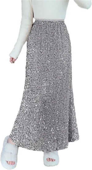 Women Streetwear Maxi Fishtail Skirt Loose Elastic Stretch Waist Faldas Largas Sequins Long Skirts