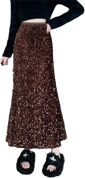 Women Streetwear Maxi Fishtail Skirt Loose Elastic Stretch Waist Faldas Largas Sequins Long Skirts